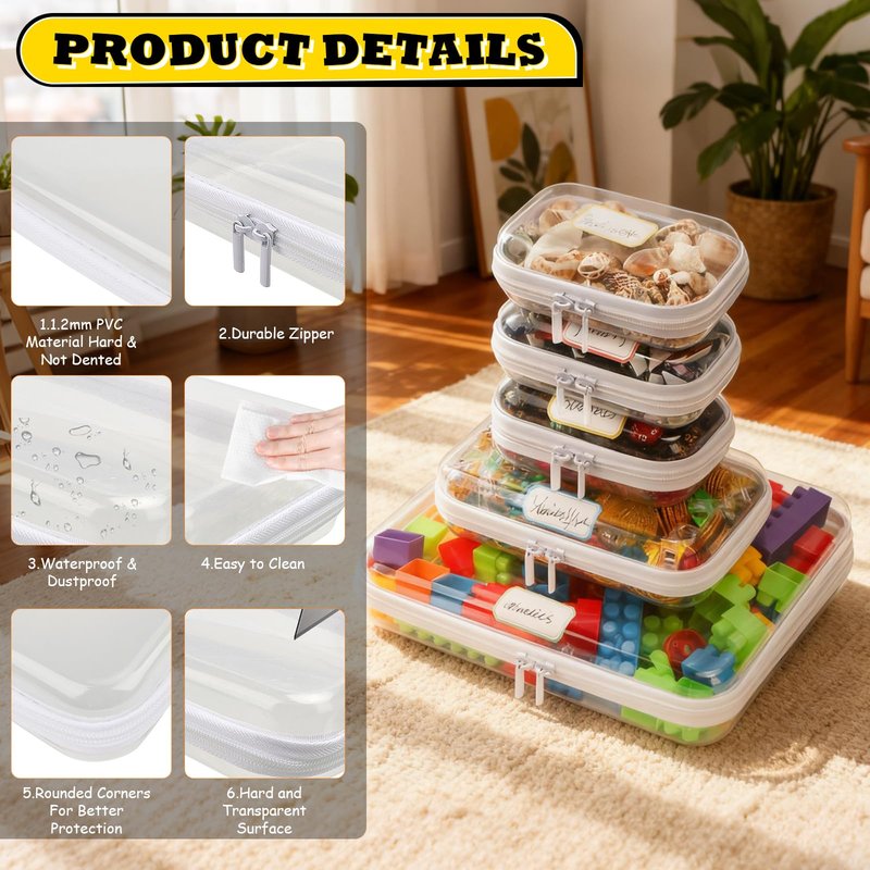 AOBOPLE Clear Hard Shell Zipper Case,3PCS M+L+XL(13.78"x11.8"+9.8"x7.87"+8.66"x6.1") Large Toy Storage Bags,Plastic Transparent Hard Zipper Case Travel Waterproof Organizer Bags for Puzzles,Cosmetics