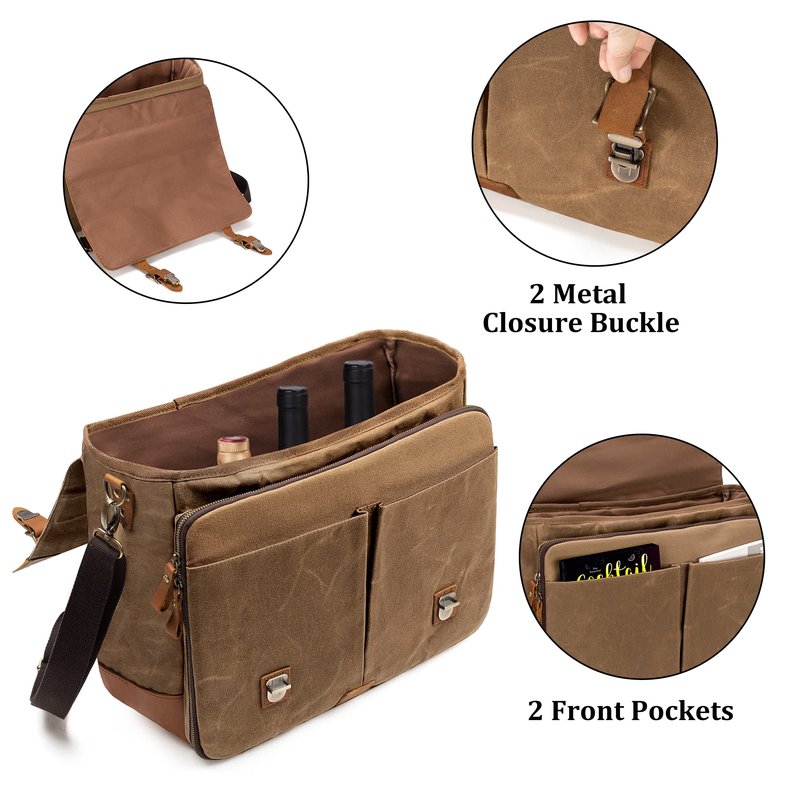 Lodrid Vintage Bartender Kit Bag with Flexible Compartments for Wine, Leather Waxed Canvas Bartender Tote with Removable Dividers, Bar Bag with Handle and Shoulder Strap, Case Only, Patent Design