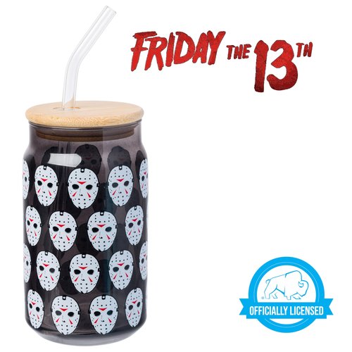 Silver Buffalo Friday the 13th Featuring Jason Vorhees Glass Jar Tumbler with Bamboo Lid and Glass Straw, 16 Ounces