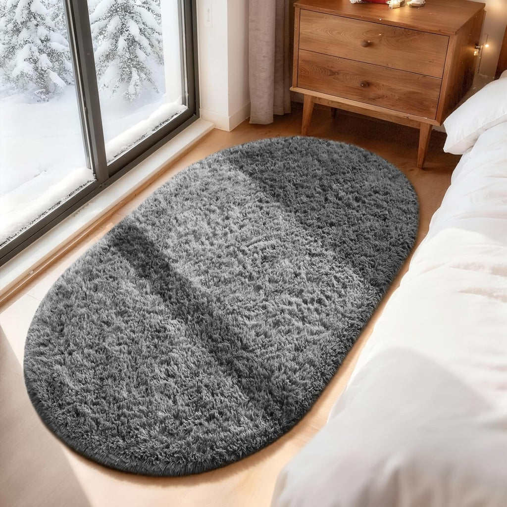 Ophanie Oval Area Rug - Non-Slip 3x5 Grey Carpet for Bedroom & Dorm Decor | Fluffy & Aesthetic