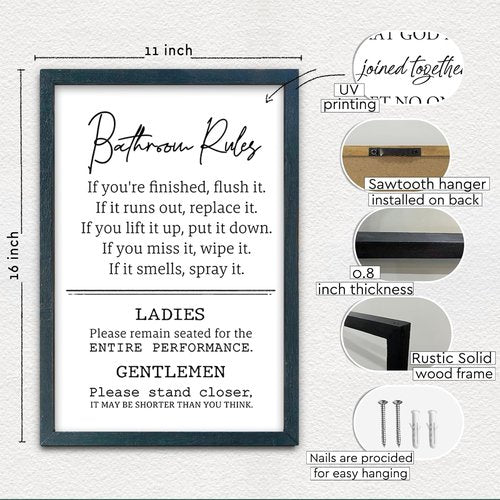 Bathroom Rules Wall Decor - Humorous Quotes Restroom Sign | 16" x 11" Framed Art (Black) by [Brand Name]