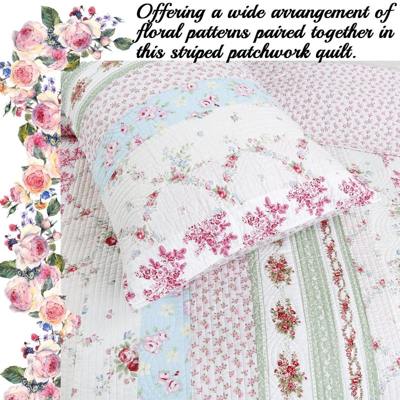 100% Cotton 3 Piece Queen Quilt Bedding Set, Wild Rose Floral Striped Reversible Coverlet, Bedspread