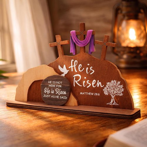Alcarin Easter Decor - Wooden Resurrection Scene with Cross & Figurines | Christian Tabletop Decoration
