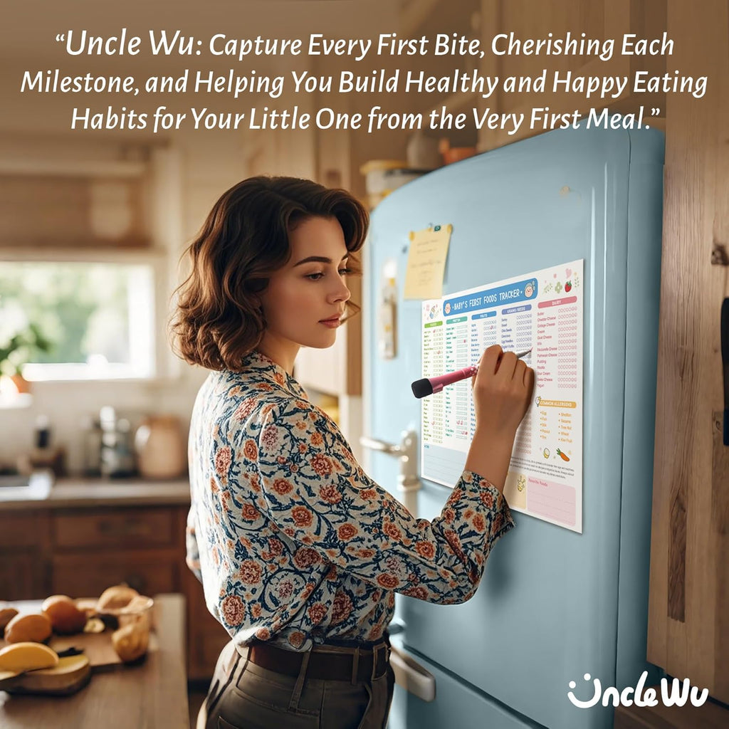 Uncle Wu First Foods Tracker Fridge Magnet - Dry Erase Baby Food Log & Activity Chart (10 x 14 Inch)