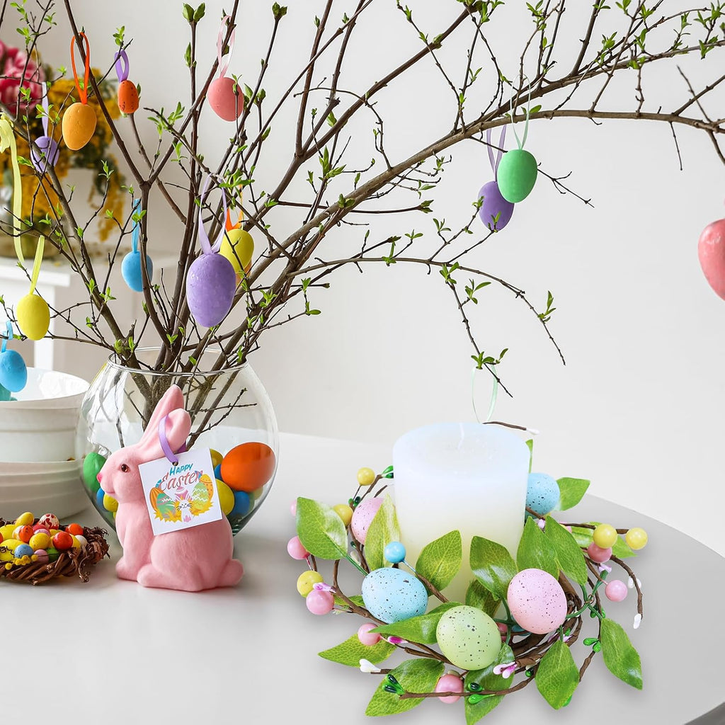 Winlyn Easter Egg Candle Rings - 4 Pcs Spring Wreaths with Pastel Eggs & Berries | 11" Holiday Decor