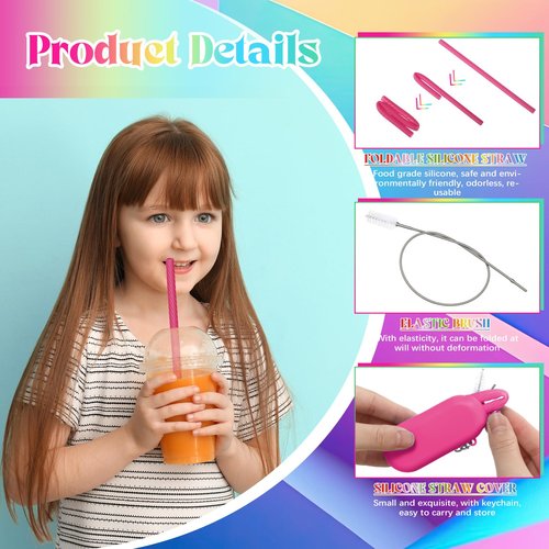 Meanplan 8 Set Cruise Ship Essentials,Silicone Straws with Case Reusable Foldable Portable Drinking Straw for Party Travel Cold or Hot with Carry Case and Cleaning Brushes (Rainbow Colors)
