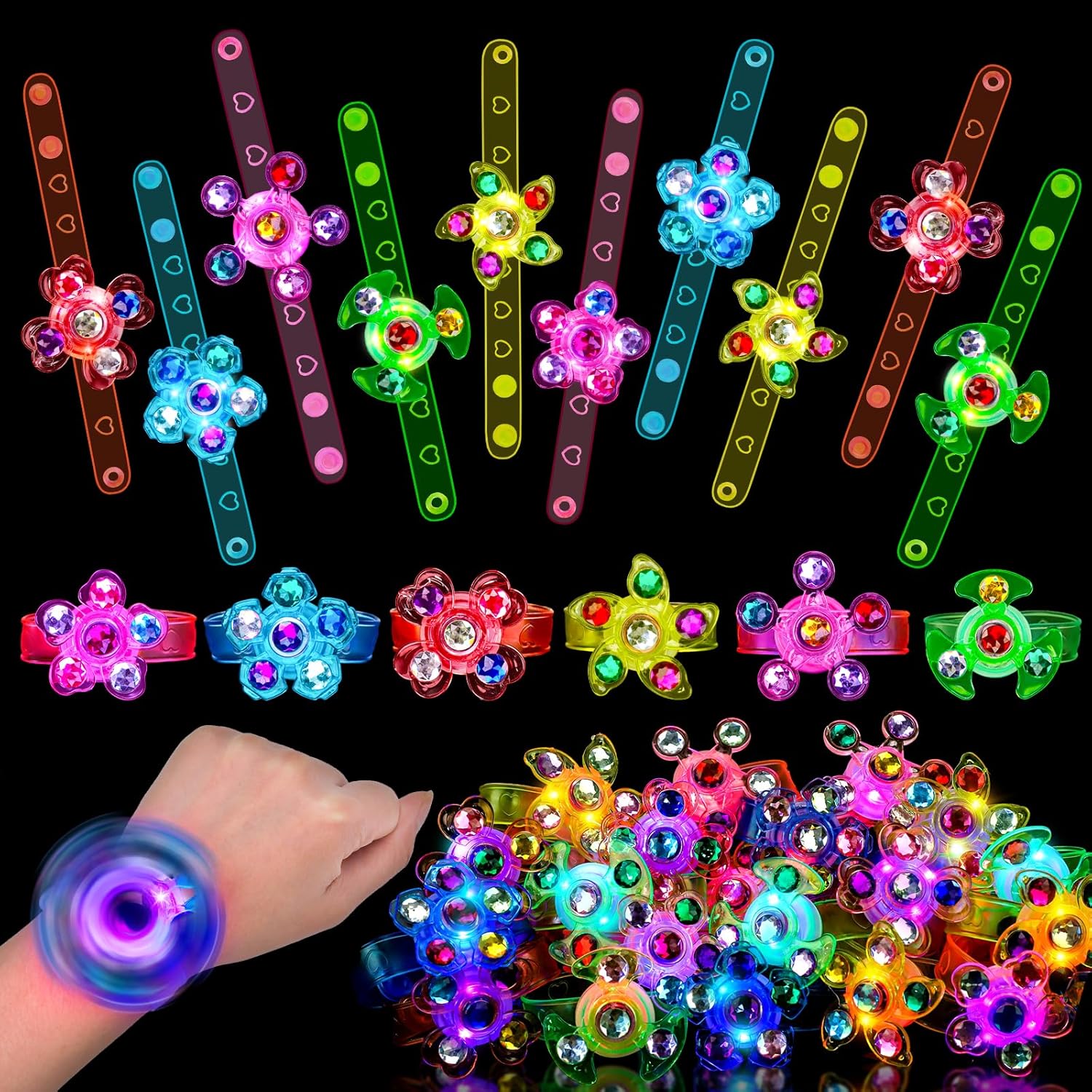 Skiennix Light Up Fidget Spinner Bracelets - 24PCS Glow Party Favors for Kids 4-12 | Perfect for Goodie Bags & Prizes