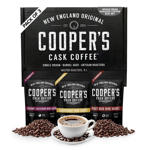 Wine Barrel Aged Coffee Gift Box Set, Sampler Roasted Coffee Costa Rica, Kenya, & Rwanda Beans Aged In Cabernet Sauvignon, Chardonnay, & Pinot Noir Wine Barrels, Medium Roast Whole Bean, 4 oz Bags, 12 oz Total