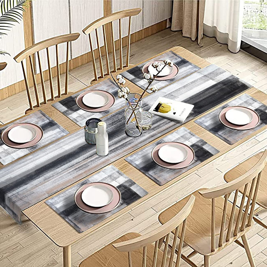 TQFZP Black and Grey Modern Table Runner and Place Mats Set of 6 Abstract Black and White Gray Pink Linen Dining Mat Sets Washable Ivory Tabletop for Home Table Decorations 70 Inches Long