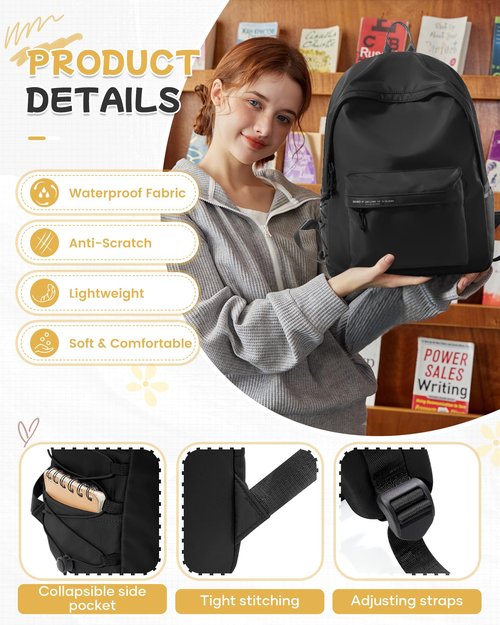 BJLFS Small Black School Backpack for Girls Women Waterproof High School Book Bag Cute Backpack for Men Teens Boys, Lightweight Simple Middle School Back Pack Daypack Gift