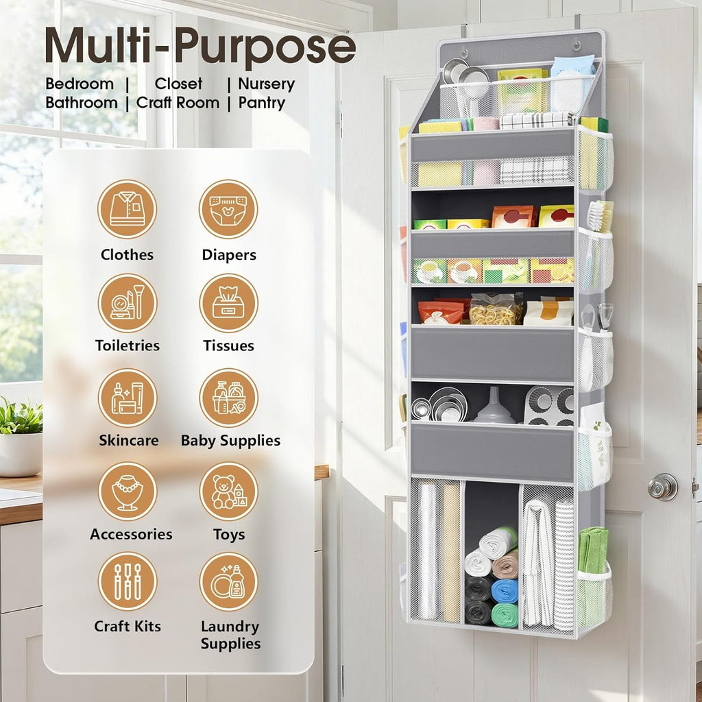 WISELIFE 5-Tier Over The Door Organizer - Heavy-Duty 50LB Storage with 5 Pockets & 13 Mesh Pockets | Gray