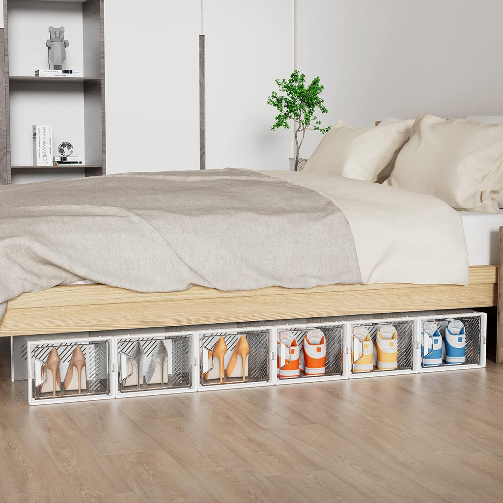 Skiennix X-Large Shoe Organizer - 12 Pack Clear Plastic Stackable Storage Boxes for Size 13