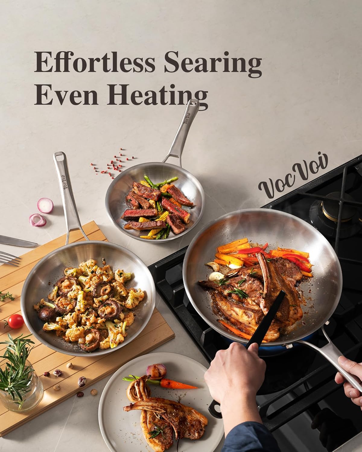 VocVoi Stainless Steel Frying Pan - 12 Inch Non-Toxic Tri-Ply Skillet, Oven & Dishwasher Safe