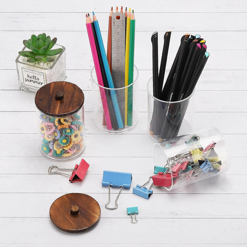 Tbestmax Qtip Holder Bathroom Set - 4 Clear Plastic Organizers with Wood Lids for Cotton Balls & Swabs