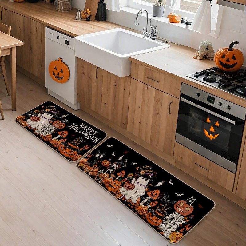 Moutina Happy Halloween Ghost Mushroom Pumpkin Skeleton Decorative Kitchen Rugs Set of 2, Halloween Holiday Party Home Decor Low-Profile Kitchen Mats for Floor - 17x29 and 17x47 Inch Black