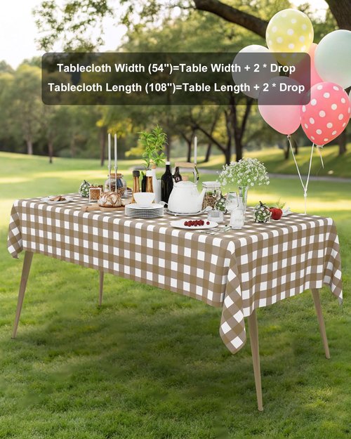 Smiry 20 Packs Gingham Disposable Table Cloth, 54 x 108 Inch Waterproof Plastic Tablecloth, Rectangle Khaki and White Checkered Table Covers for Outdoor, Picnic, Birthday, Party