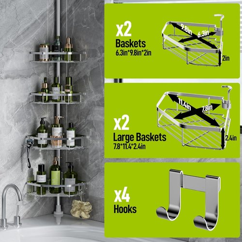 LAMU Shower Caddy - Stainless Steel Corner Tension Pole Organizer with Adjustable 4-Tier Baskets | Fits Heights 37.8-124 in