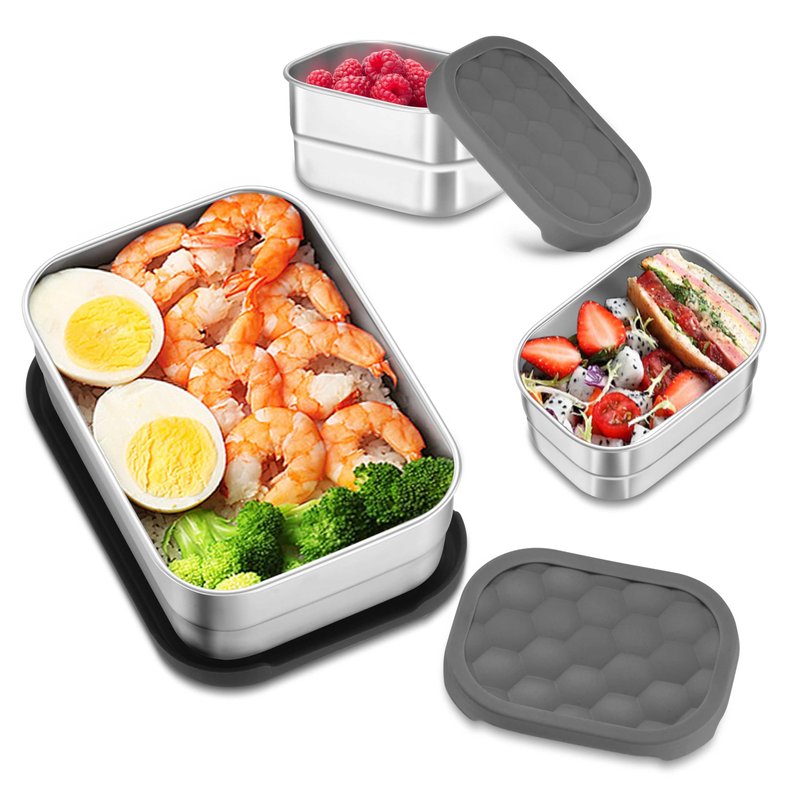 HaWare 8oz*2+25oz Stainless Steel Lunch Box for Kids, Leak Proof Lunch Containers with Silicone Lids, Easy Open Food Storage Container for School and Daycare, Portable Metal Bento Box, Dishwasher Safe