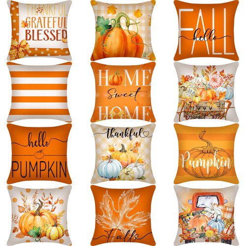 Flutesan 12 Pcs Fall Pillow Covers 18 x 18 Inch Hello Pumpkin Autumn Thanksgiving Decorations Throw Pillow Covers Square Cushion Case for Couch Sofa Outdoor Indoor Home Decor