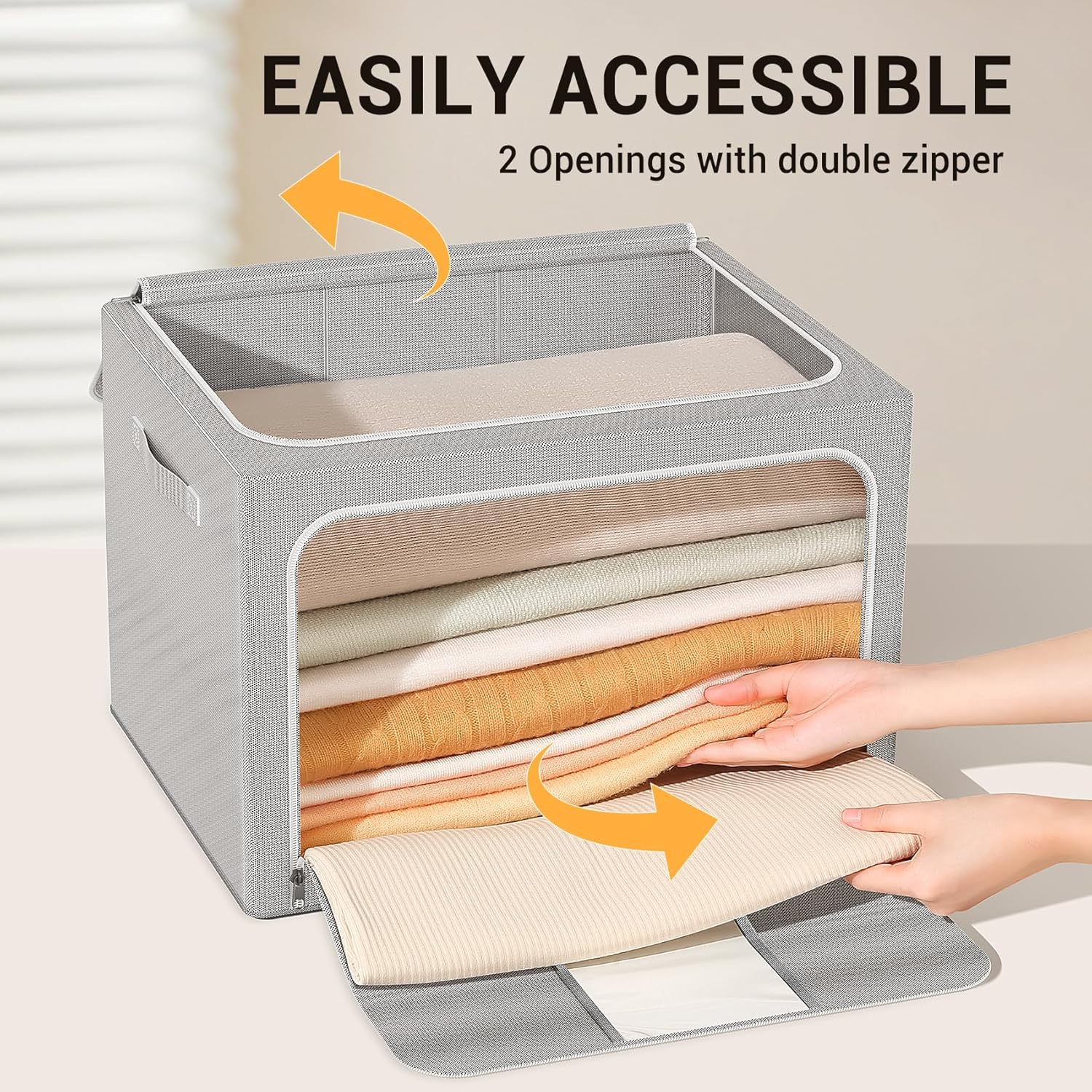 Skiennix Clothes Storage Bins - Foldable Organizers with Metal Frame | 66L, 3-Pack for Clothes & More