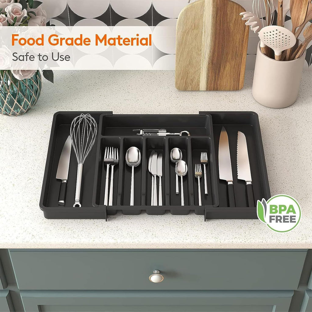 Skiennix Large Expandable Silverware Organizer - BPA-Free Adjustable Utensil Tray for Kitchen Drawers | Cutlery Holder for Forks, Knives & Spoons