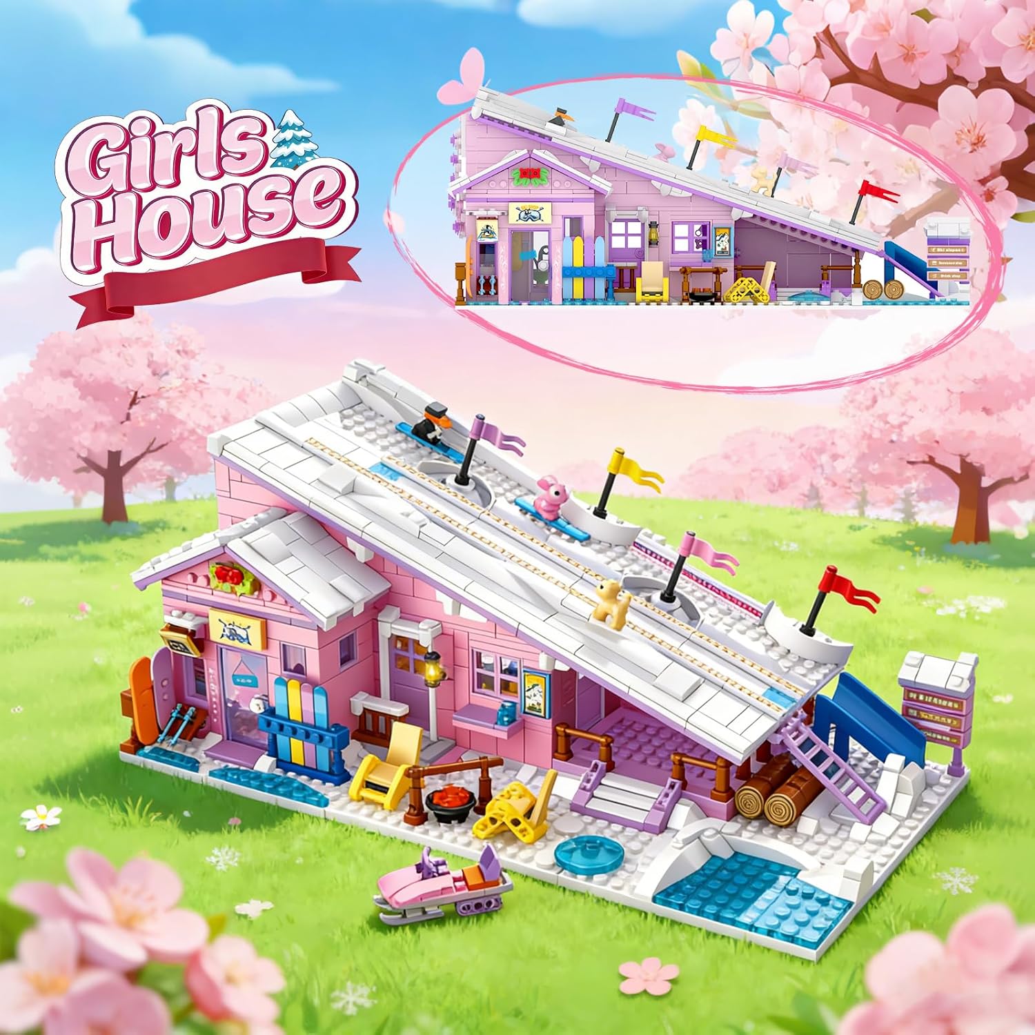 Skiennix Pink Girls Ski Resort House Building Set - 1042 PCS Educational Toy for Ages 8-12
