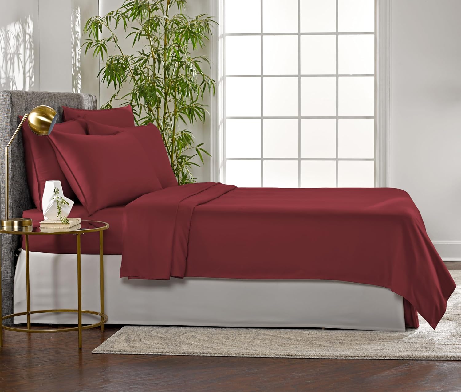 Pure Bamboo Queen Sheets - Luxuriously Soft & Cooling 100% Organic Viscose Bed Sheet Set | Merlot Color, Double Stitching