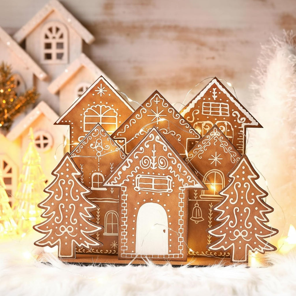Threehoney Christmas Gingerbread House Table Decorations - 8 Pcs Wooden Centerpiece for Holiday Decor