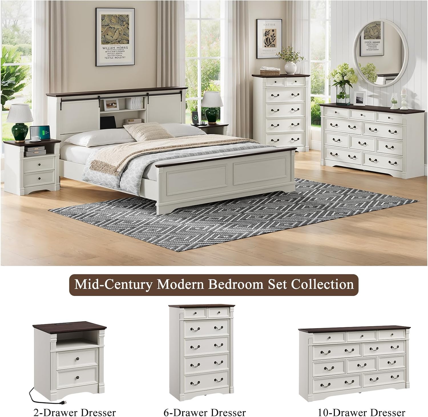 Regine Switzerland 6-Drawer Dresser - Rustic White Tall Chest with Chic Wood Pilasters | 47" Bedroom Organizer