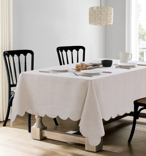 AORISSI 100% French Flax Linen Scalloped Embroidery Rectangle Tablecloths 108Lx60W Inch for Dinners, Parties, Spring, Machine Washable, 8-10 Sets, Linen(Edges-Gold)