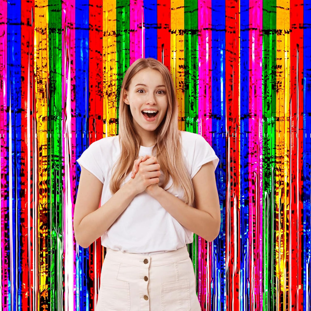 Voircoloria Rainbow Foil Fringe Backdrop Curtains - 3 Pack Tinsel Streamers for Parties | 3.3x8.2 Feet