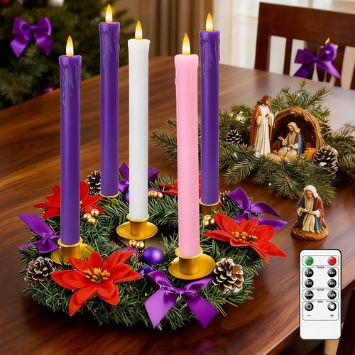 Lezonic Flameless Advent Candles - Battery Operated LED Taper Set of 5 for Christmas Decor | 3 Purple, 1 Pink, 1 White