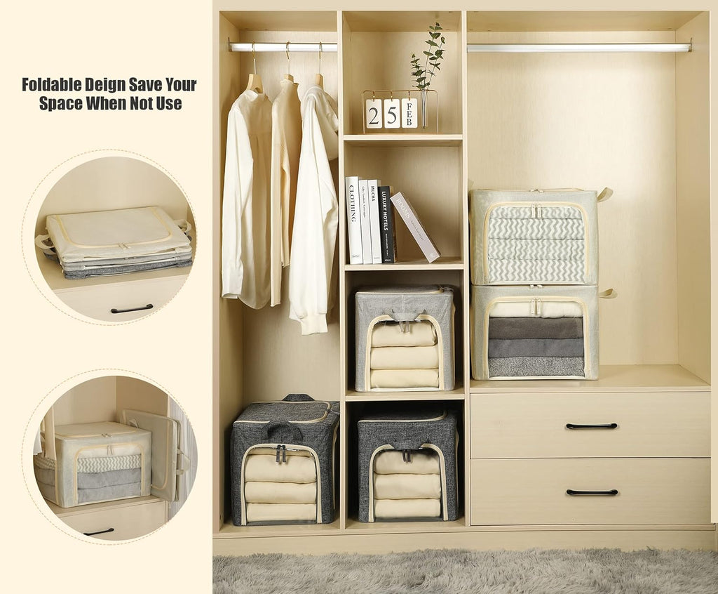 Skiennix Foldable Clothes Storage Bins - 3 Openings with Metal Frame, Lid & Clear Window | 40L, Beige
