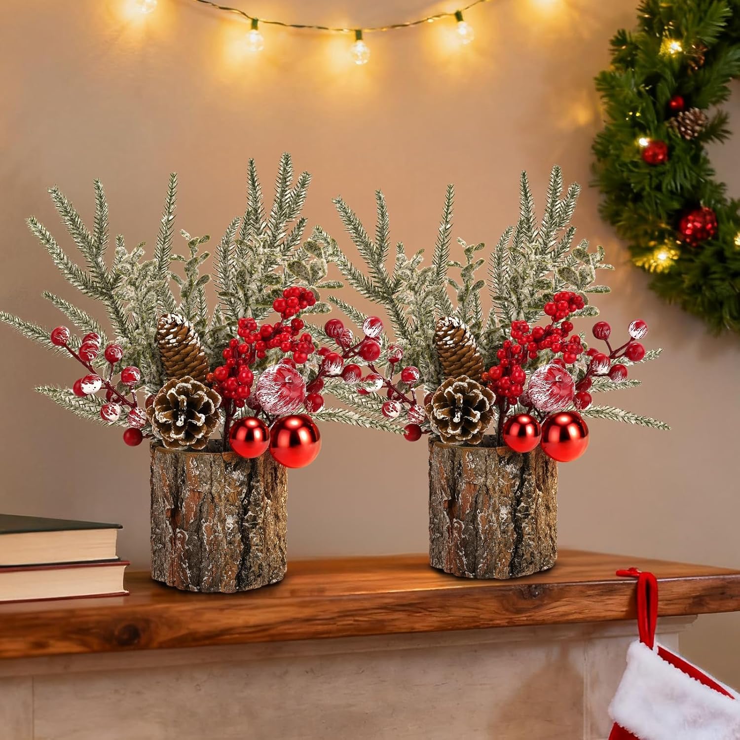 Regine Switzerland Christmas Table Centerpiece - Rustic Pinecones & Red Berries | 2-Piece Holiday Decor Set