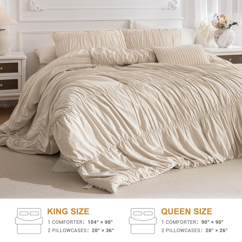 Masaca Queen Comforter Set,Ruched Ruffle Comforter Set Queen,3 Pieces Ultra Soft Lightweight Farmhouse Shabby Boho Chic Bedding (1 Wheat Comforter+2 Pillow Shams)