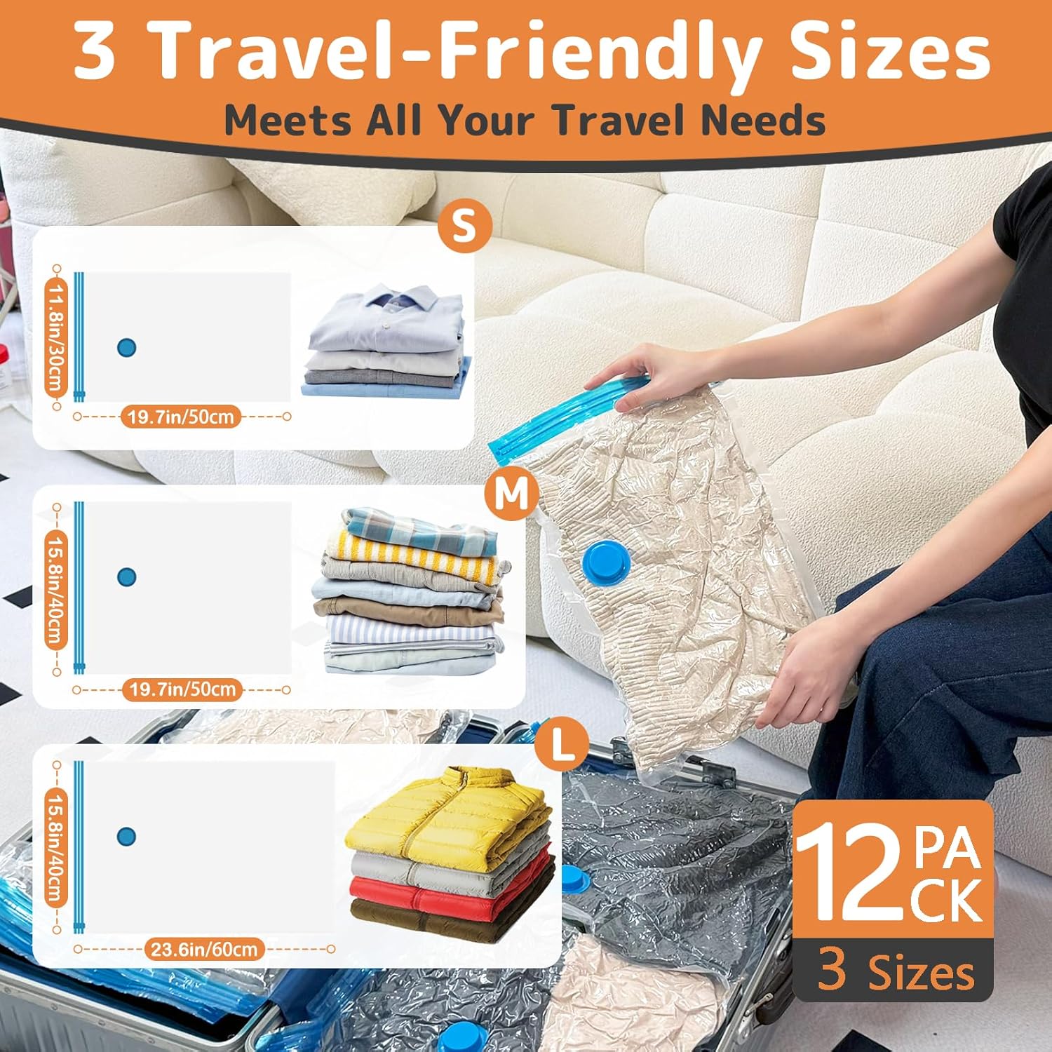 Skiennix Vacuum Bags - 12 Pack Compression Storage with Rechargeable Air Pump | Travel & Luggage Organizer