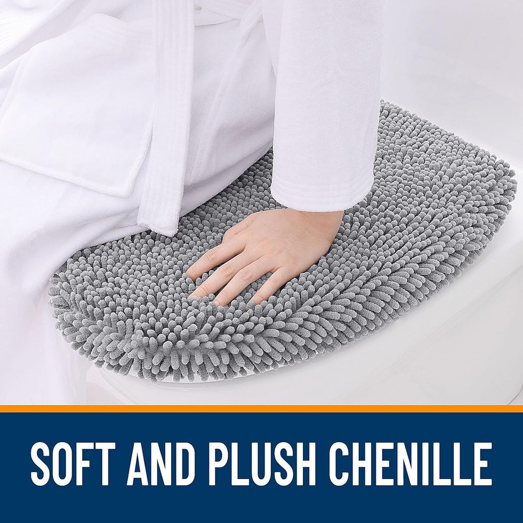 OLANLY Soft Chenille Toilet Lid Cover - Machine Washable, Non-Slip Rubber Backing, Gray, 17.5x15