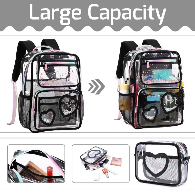Clear Backpack for Girls,Transparent Backpacks Crossbody Bag for Kids Elementary School Student,Heavy Duty See Through Daypack 2PCS Bookbag Stadium Approved for Teen,College,Work,Travel,Concert Black