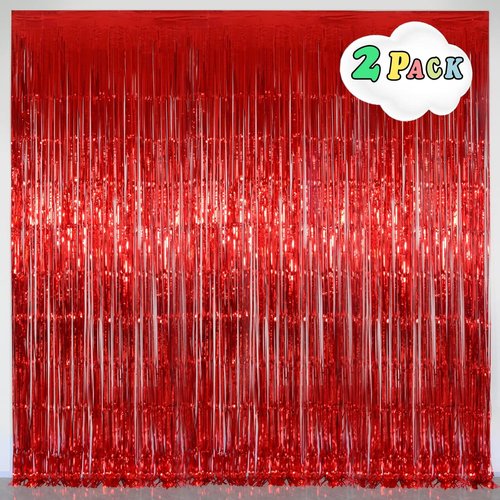 Melsan Red Tinsel Fringe Backdrop - 3.2 x 8 Ft Metallic Foil Curtains for Parties & Photo Booths | 2 Packs