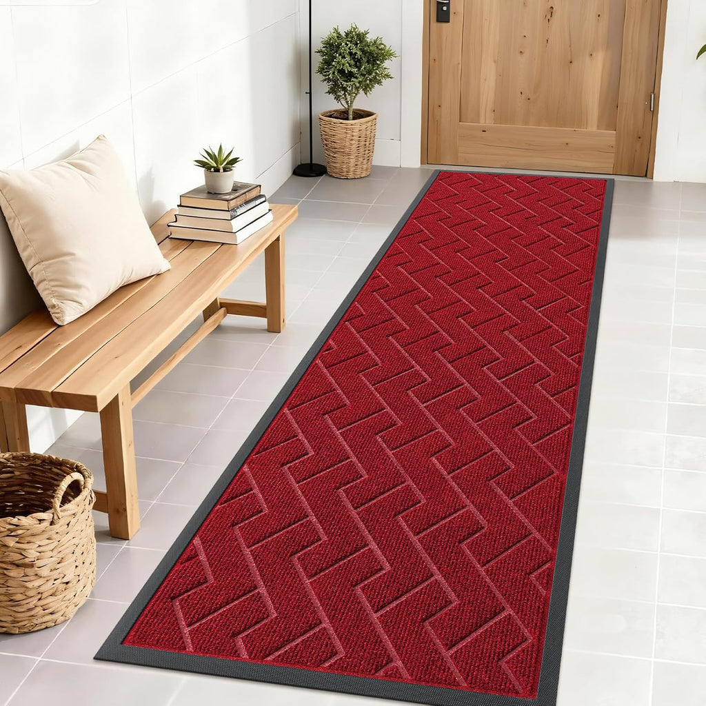 OLANLY Waterproof All-Season Front Door Mat - Sturdy Natural Rubber, Easy Clean | Herringbone Brick, Wine Red (71x23)
