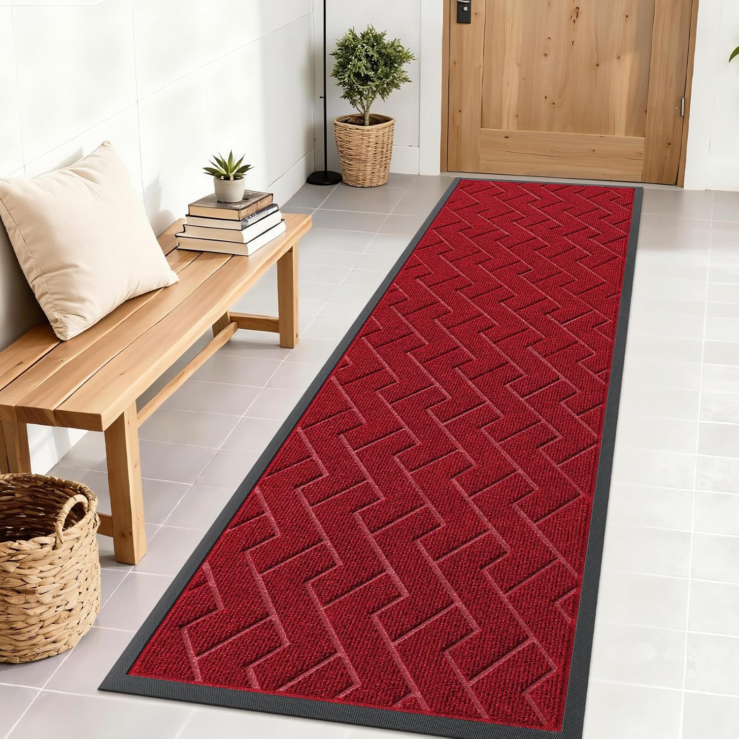 OLANLY Waterproof All-Season Front Door Mat - Sturdy Natural Rubber, Easy Clean | Herringbone Brick, Wine Red (71x23)