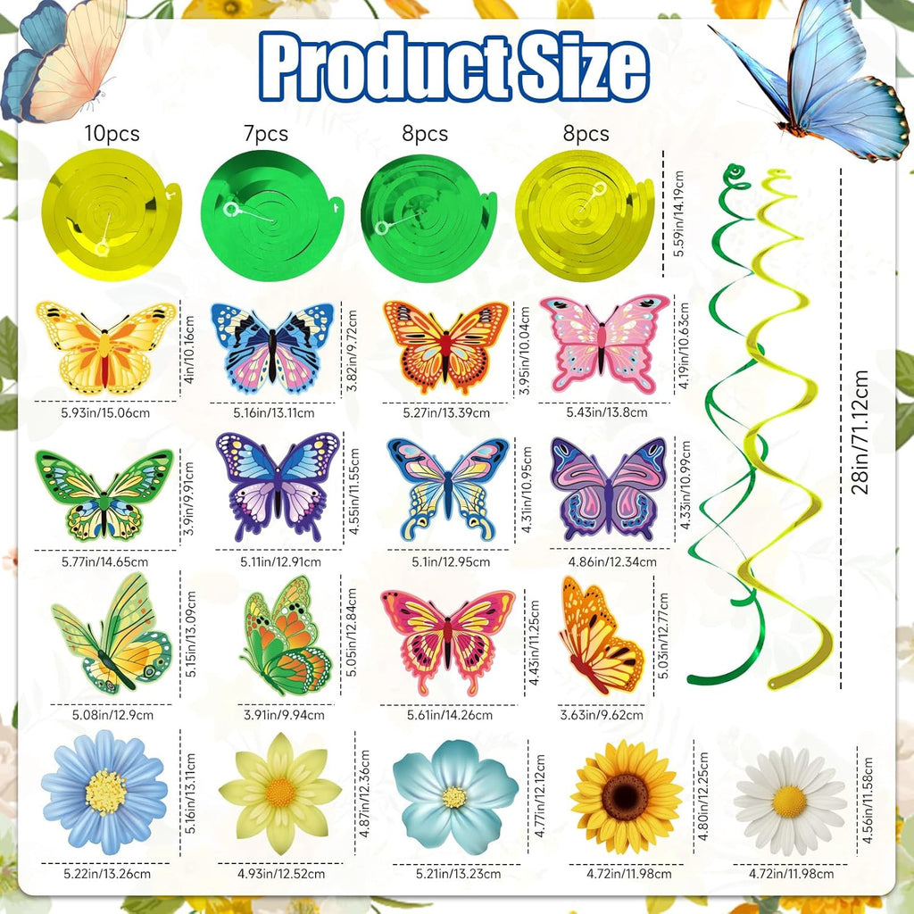 Skiennix 33-Piece Spring Hanging Decorations - Flower & Butterfly Swirl Streamers for Easter & Birthday Parties