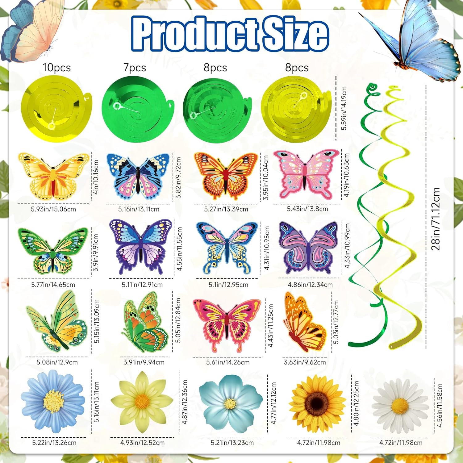 Skiennix 33-Piece Spring Hanging Decorations - Flower & Butterfly Swirl Streamers for Easter & Birthday Parties