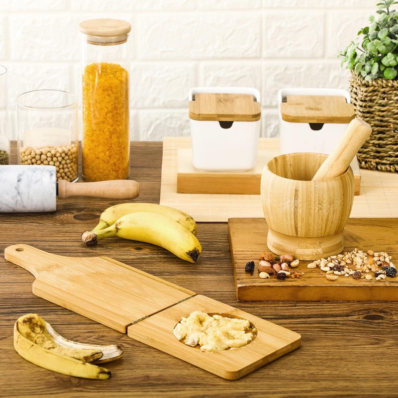Lineshading 2 Kitchen Tools, Jumbo Bamboo Mortar and Pestle Set Wood Tostonera Tostones Plantain Press Natural Plantain Smasher Guacamole Bowl Fried Banana Pepper Press Mincer Grinder Chopper Crusher