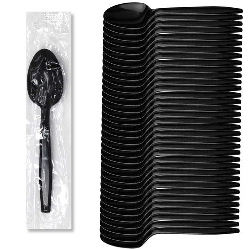 Progress Plastic Cutlery Individually Wrapped Spoons Heavy Duty Disposable [1000 Count- Bulk ] Strong & Durable Black for BBQ Party Supplies Restaurants Office all events Plasticware Disposable Spoons