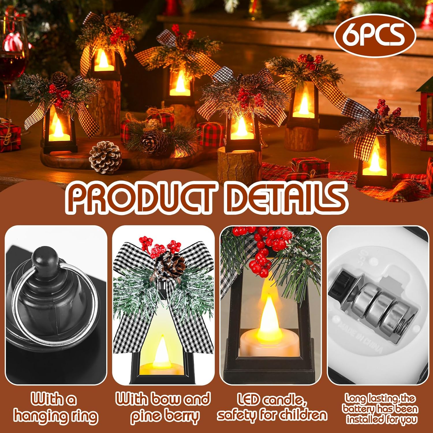 Regine Switzerland Christmas Mini Lanterns - Set of 6 Flickering LED Flameless Decor | Black & White Bow
