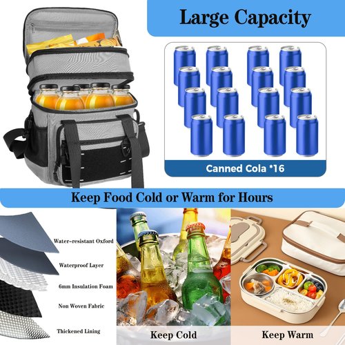 Lunch Box Cooler Bag - Tactical Insulated Lunchbox for Men - Large Lunch Pail Kit for Adults Work Outdoor Shifts Trips Grey 16L