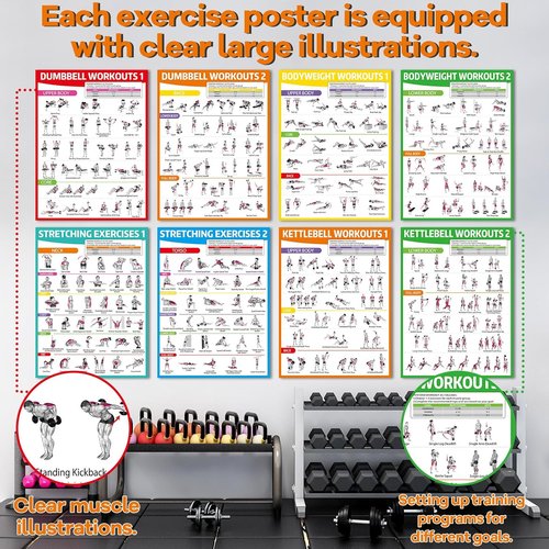 **Gisgfim 8PCS Workout Posters - Full Body Exercise Charts for Home Gym | Laminated Dumbbell, Bodyweight & Kettlebell Training**