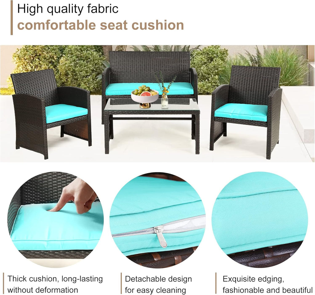 Skiennix Outdoor Furniture Set - 4-Piece Wicker Patio Conversation Set for Lawn & Garden - Brown/Blue