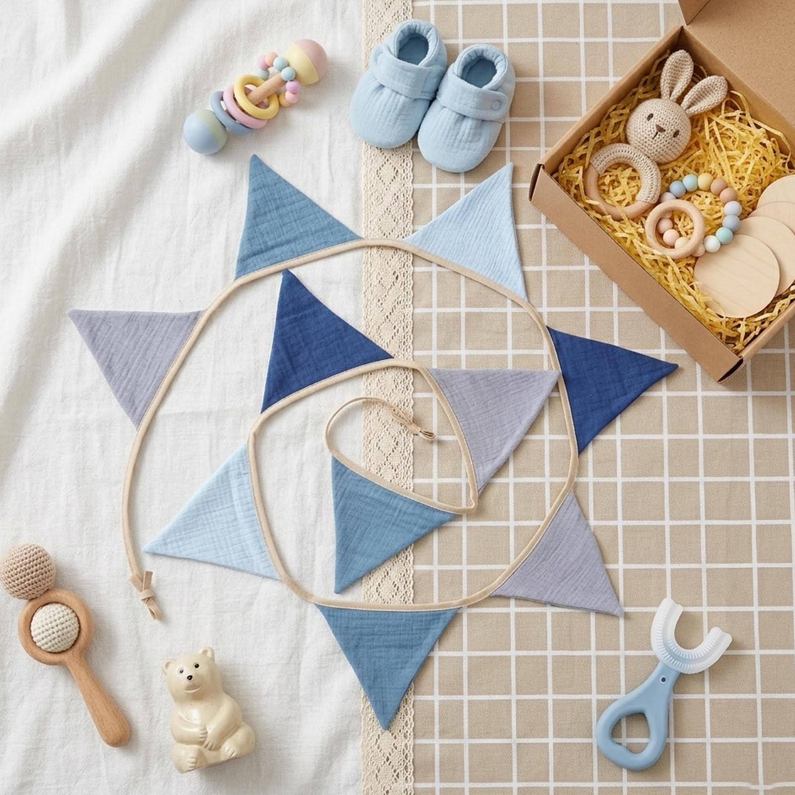 Fabric Bunting Banner, 2 Pack Handmade Neutral String Banner Each 8.5 ft 10 Flags Nursery Wall Hanging Wedding Birthday Home Baby Shower Party Decoration Bunting (Blue)